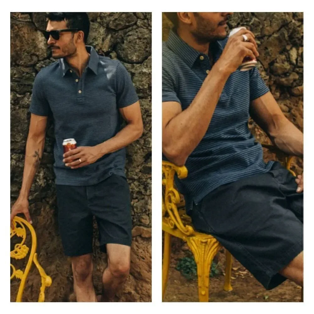 Taylor Stitch The Camp Shorts In Navy Blue Herringbone Organic Cotton - Picture 2 of 10